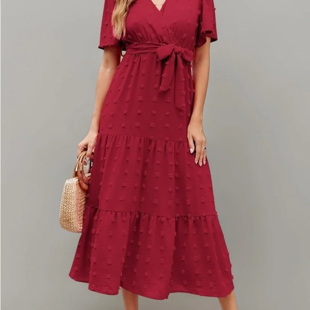 Women’s Midi Wrap Dress with Textured Dot Detail - Burgundy - Picture 1 of 4